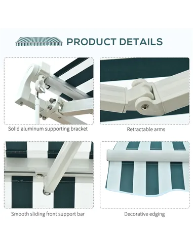 Outsunny 3 x 2.5m Patio Awning, Anti-UV and Waterproof Sun Shade Canopy with Chain Drive and Hand Crank, Green/White Stripes