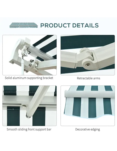 Outsunny 3 x 2.5m Patio Awning, Anti-UV and Waterproof Sun Shade Canopy with Chain Drive and Hand Crank, Green/White Stripes