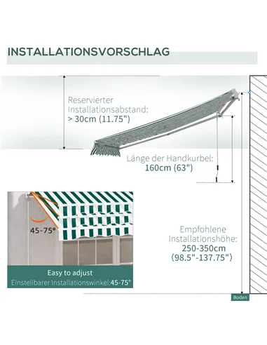 Outsunny 3 x 2.5m Patio Awning, Anti-UV and Waterproof Sun Shade Canopy with Chain Drive and Hand Crank, Green/White Stripes