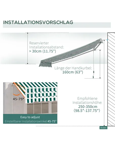Outsunny 3 x 2.5m Patio Awning, Anti-UV and Waterproof Sun Shade Canopy with Chain Drive and Hand Crank, Green/White Stripes