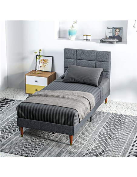 HOMCOM Upholstered Single Bed Frame, with Slats - Grey