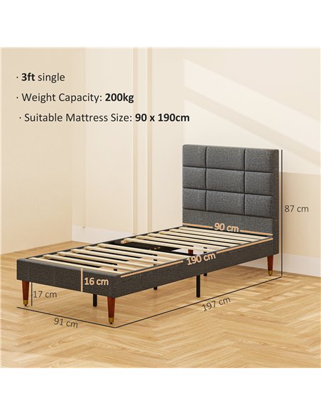 HOMCOM Upholstered Single Bed Frame, with Slats - Grey