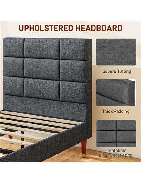 HOMCOM Upholstered Single Bed Frame, with Slats - Grey