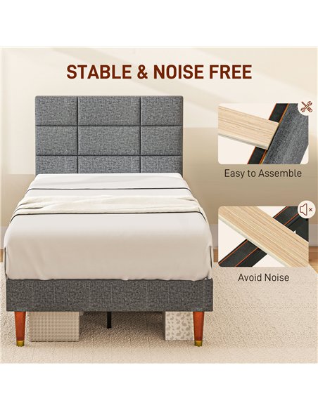HOMCOM Upholstered Single Bed Frame, with Slats - Grey