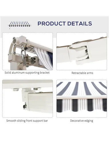 Outsunny Manual Retractable Awning, 2.5x2 m-Dark Blue/White Stripes