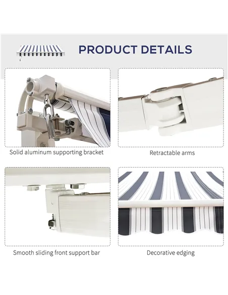 Outsunny Manual Retractable Awning, 2.5x2 m-Dark Blue/White Stripes