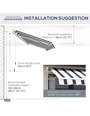 Outsunny Manual Retractable Awning, 2.5x2 m-Dark Blue/White Stripes