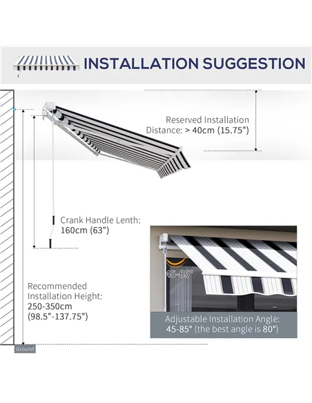 Outsunny Manual Retractable Awning, 2.5x2 m-Dark Blue/White Stripes