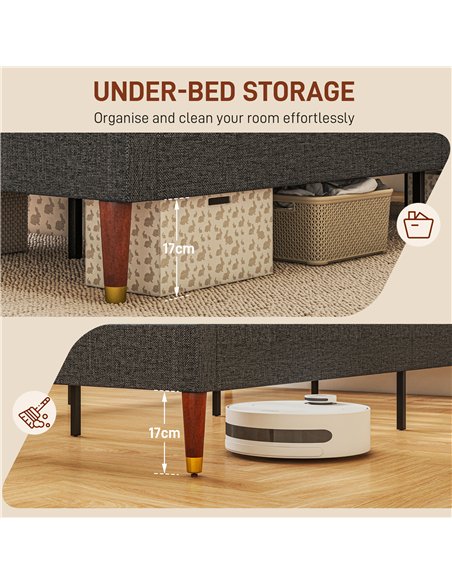 HOMCOM Upholstered Single Bed Frame, with Slats - Grey