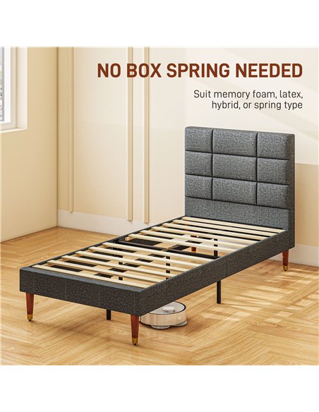 HOMCOM Upholstered Single Bed Frame, with Slats - Grey