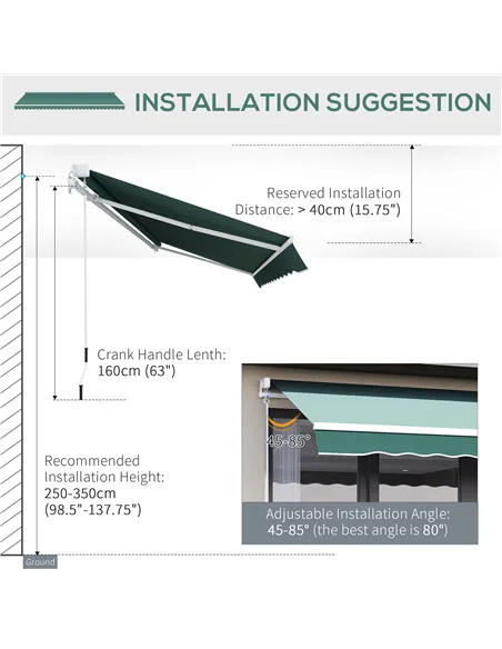 Outsunny Manual Retractable Awning, 2.5x2 m-Dark Green