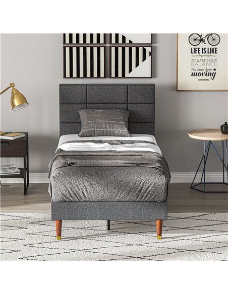 HOMCOM Upholstered Single Bed Frame, with Slats - Grey