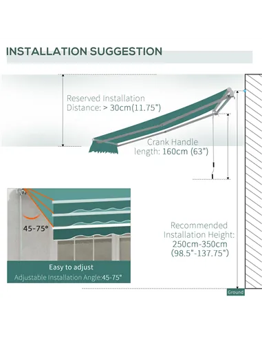 Outsunny 3x2.5 m Sun Shade Canopy Garden Patio Manual Retractable Awning Canopy-Dark Green