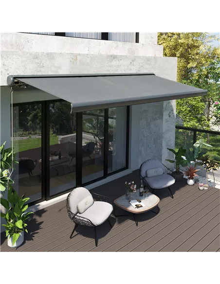 Outsunny 3.5x3m LED Light Full Cassette Case Electric/Manual Awning Door Window Sun Shade Patio Canopy Retractable w/ Remote Gre