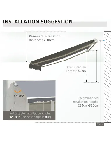 Outsunny 2.5m x 2m Garden Patio Manual Awning Canopy Sun Shade Shelter Retractable with Winding Handle Grey