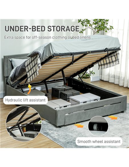 HOMCOM Double Size Ottoman Bed Frame, with Front Drawer - Grey