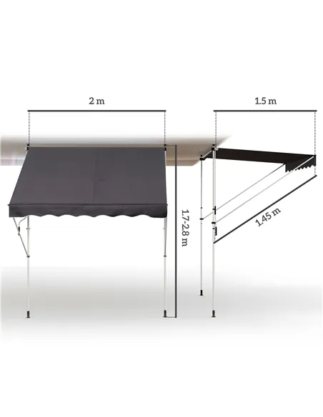 Outsunny Balcony 2 x 1.5m Manual Adjustable Awning DIY Patio Clamp Awning Canopy Retractable Shade Shelter Easy to Move for Balc