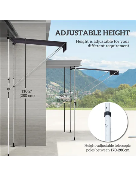 Outsunny Balcony 2 x 1.5m Manual Adjustable Awning DIY Patio Clamp Awning Canopy Retractable Shade Shelter Easy to Move for Balc