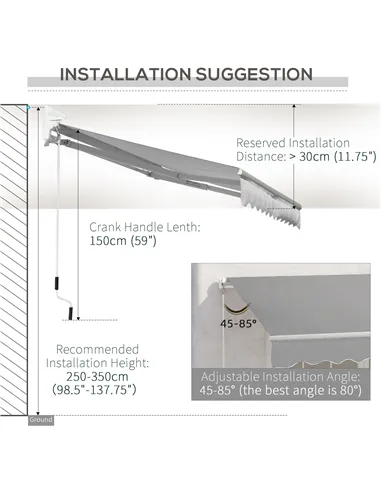 Outsunny Awning Canopy Manual Retractable Porch Sun Shade Shelter 3 x 2m Light Grey