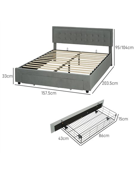 HOMCOM King Size Ottoman Bed Frame, with Front Drawer - Grey