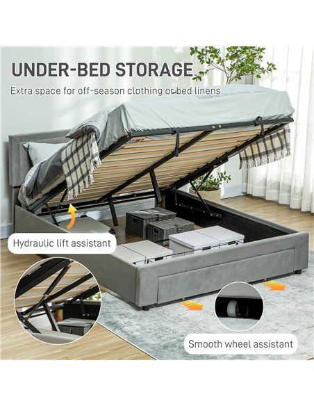 HOMCOM King Size Ottoman Bed Frame, with Front Drawer - Grey