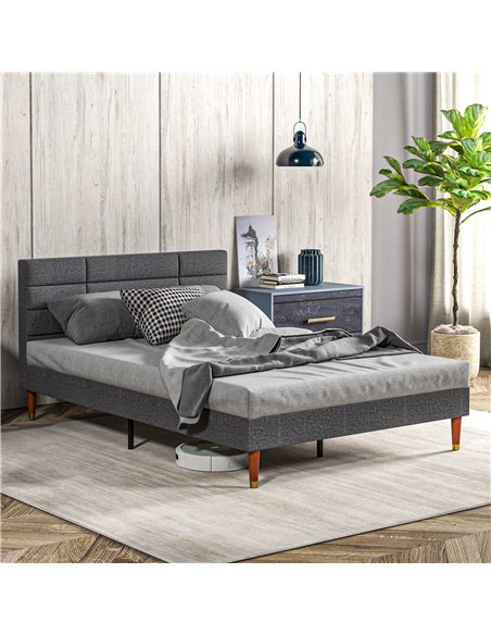HOMCOM Upholstered Double Bed Frame, with Slats - Grey