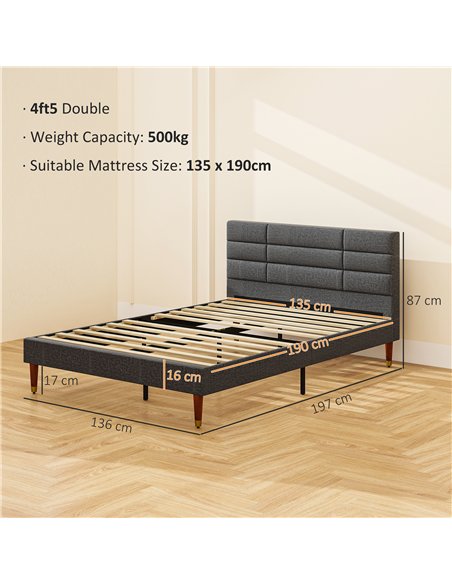 HOMCOM Upholstered Double Bed Frame, with Slats - Grey