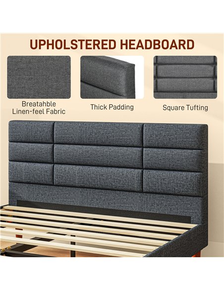 HOMCOM Upholstered Double Bed Frame, with Slats - Grey