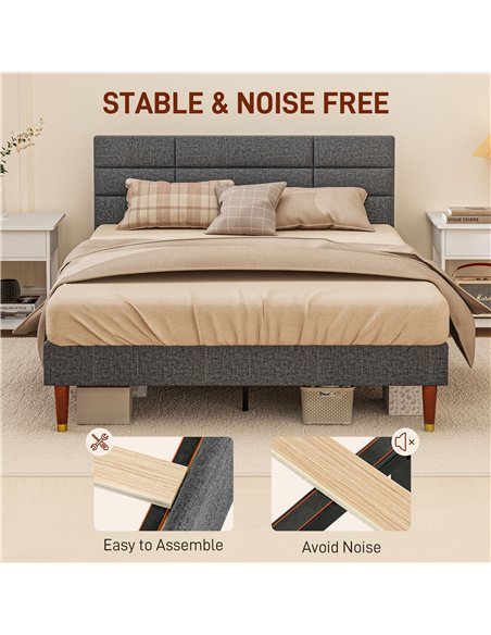 HOMCOM Upholstered Double Bed Frame, with Slats - Grey