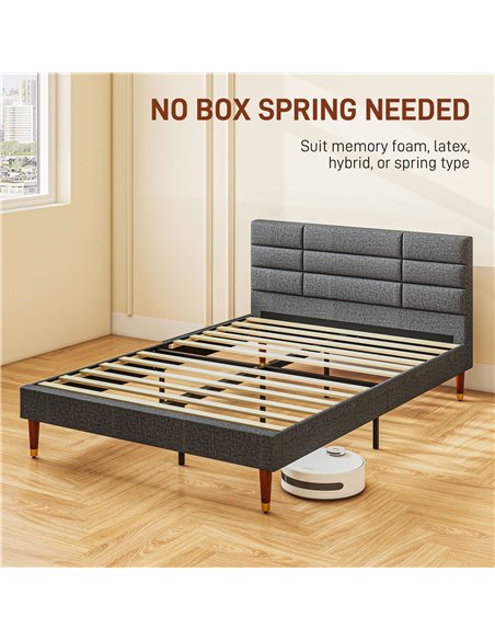HOMCOM Upholstered Double Bed Frame, with Slats - Grey