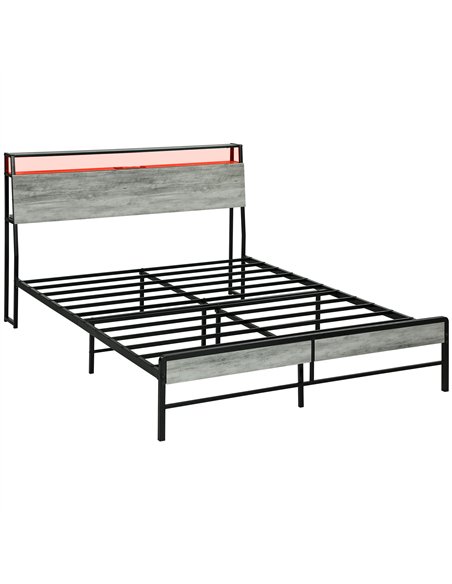 HOMCOM King Steel Bed Frame, with LED Lights and Headboard Shelf - Grey