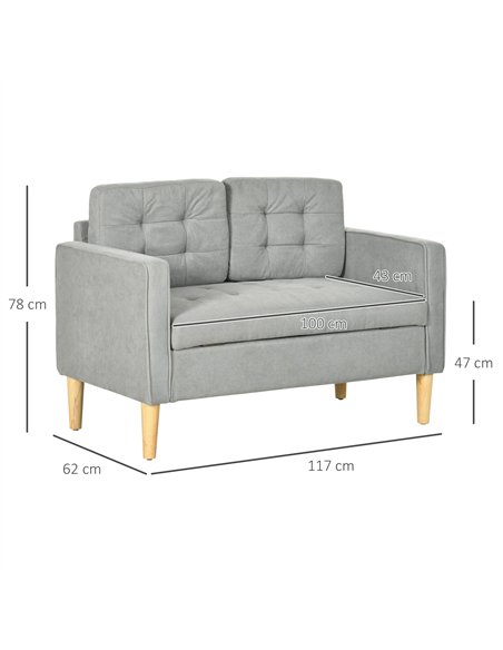 HOMCOM Modern 2 Seater Sofa with Hidden Storage, 117cm Tufted Cotton Couch with Wood Legs, Compact Loveseat for Living Room, Kit