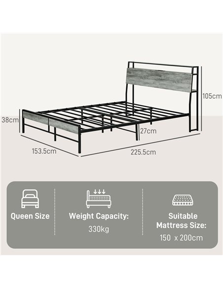 HOMCOM King Steel Bed Frame, with LED Lights and Headboard Shelf - Grey