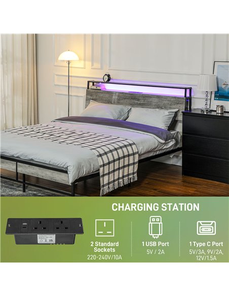 HOMCOM King Steel Bed Frame, with LED Lights and Headboard Shelf - Grey