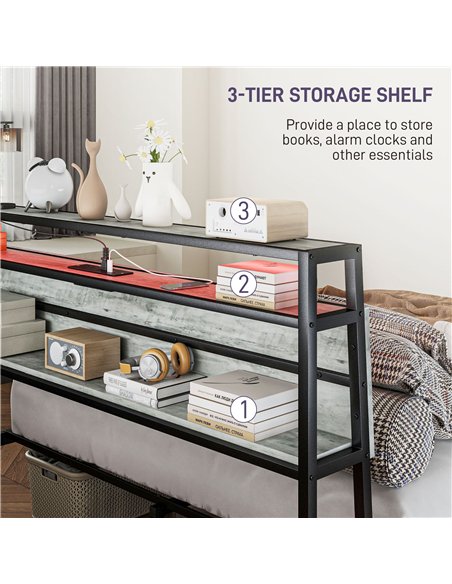 HOMCOM King Steel Bed Frame, with LED Lights and Headboard Shelf - Grey