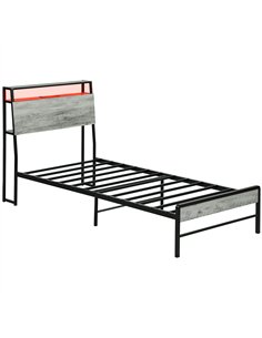 HOMCOM Single Steel Bed Frame, with LED Lights and Headboard Shelf - Grey