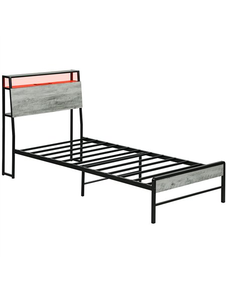 HOMCOM Single Steel Bed Frame, with LED Lights and Headboard Shelf - Grey