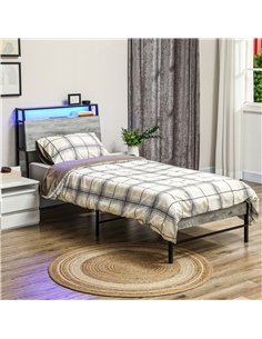 HOMCOM Single Steel Bed Frame, with LED Lights and Headboard Shelf - Grey 2