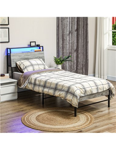 HOMCOM Single Steel Bed Frame, with LED Lights and Headboard Shelf - Grey