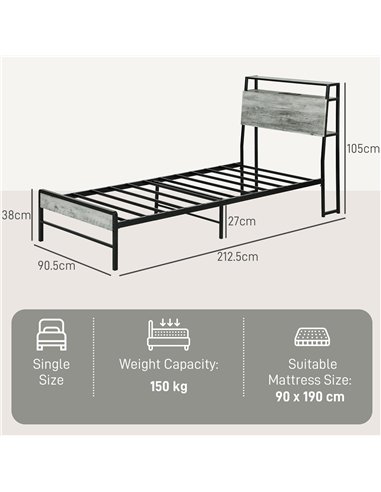 HOMCOM Single Steel Bed Frame, with LED Lights and Headboard Shelf - Grey