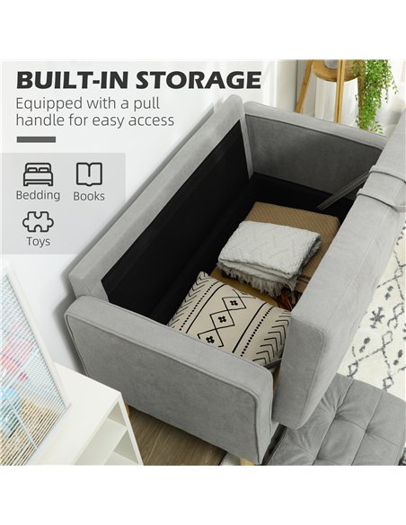 HOMCOM Modern 2 Seater Sofa with Hidden Storage, 117cm Tufted Cotton Couch with Wood Legs, Compact Loveseat for Living Room, Kit
