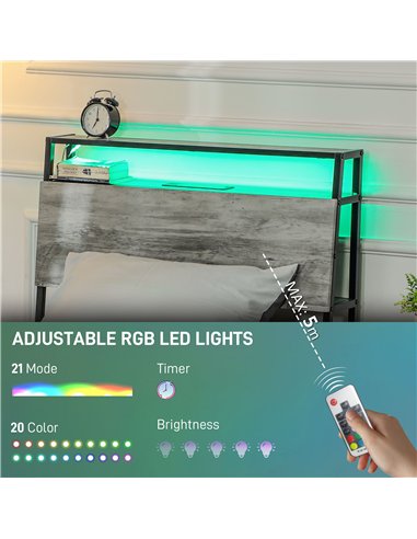 HOMCOM Single Steel Bed Frame, with LED Lights and Headboard Shelf - Grey