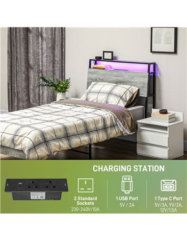 HOMCOM Single Steel Bed Frame, with LED Lights and Headboard Shelf - Grey