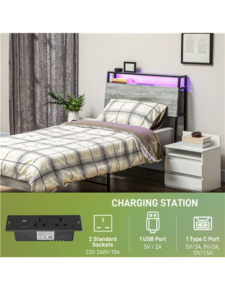HOMCOM Single Steel Bed Frame, with LED Lights and Headboard Shelf - Grey