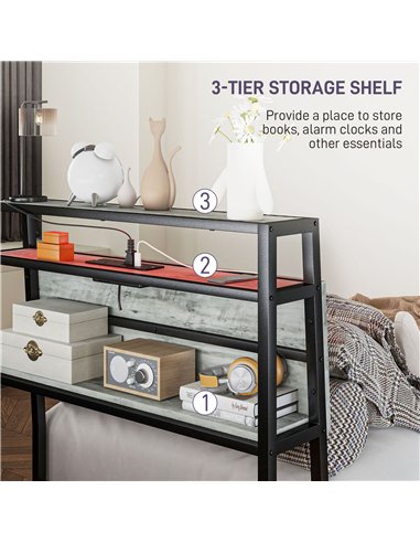 HOMCOM Single Steel Bed Frame, with LED Lights and Headboard Shelf - Grey