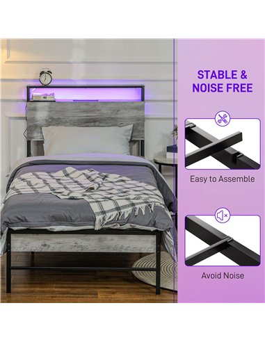 HOMCOM Single Steel Bed Frame, with LED Lights and Headboard Shelf - Grey