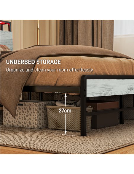 HOMCOM Single Steel Bed Frame, with LED Lights and Headboard Shelf - Grey