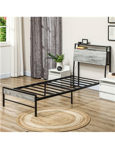 HOMCOM Single Steel Bed Frame, with LED Lights and Headboard Shelf - Grey