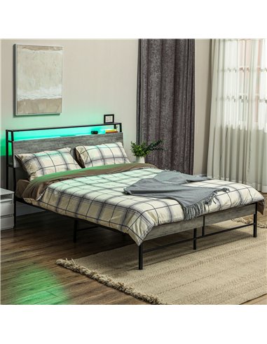 HOMCOM Double Steel Bed Frame, with LED Lights and Headboard Shelf - Grey