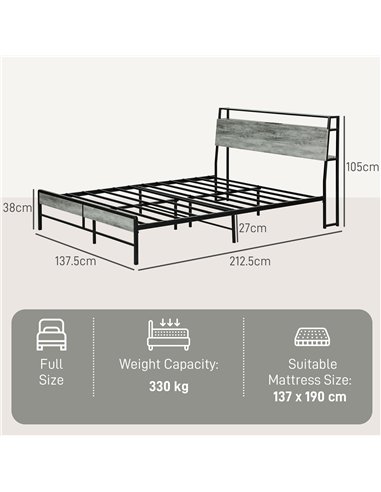 HOMCOM Double Steel Bed Frame, with LED Lights and Headboard Shelf - Grey